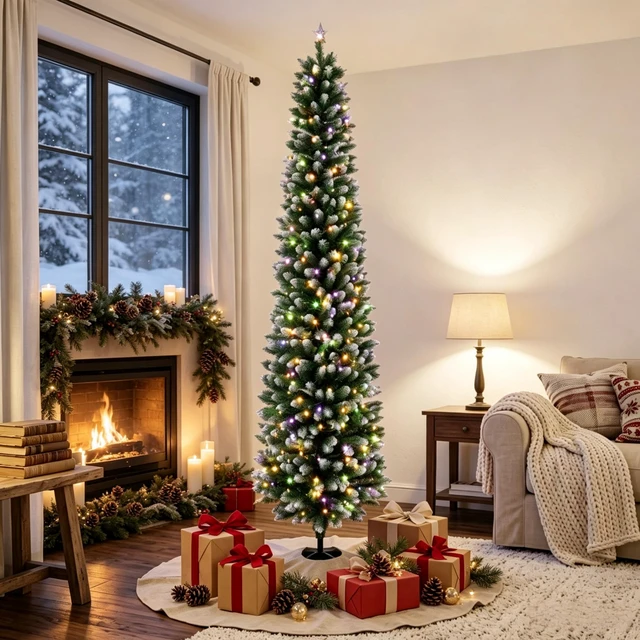Alt view image 3 of 7 - 8 ft Flocked Pencil Prelit Christmas Tree, Dual Color Leds Remote Control with 11 Light Modes, Green White, PVC