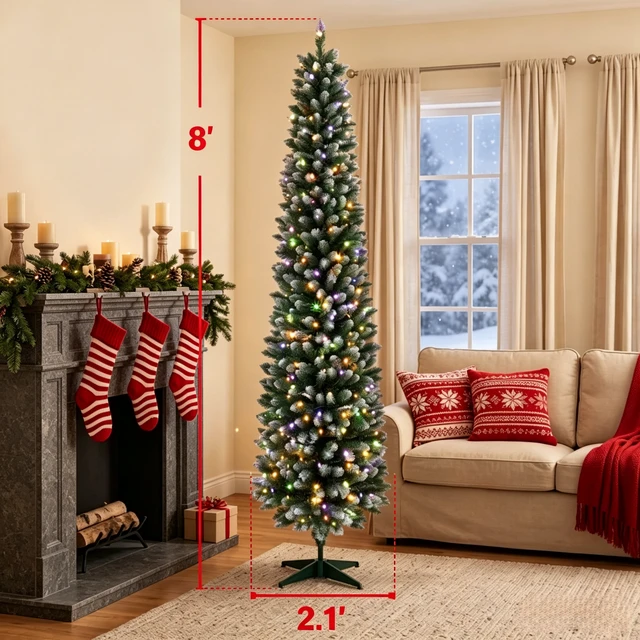 Alt view image 6 of 7 - 8 ft Flocked Pencil Prelit Christmas Tree, Dual Color Leds Remote Control with 11 Light Modes, Green White, PVC