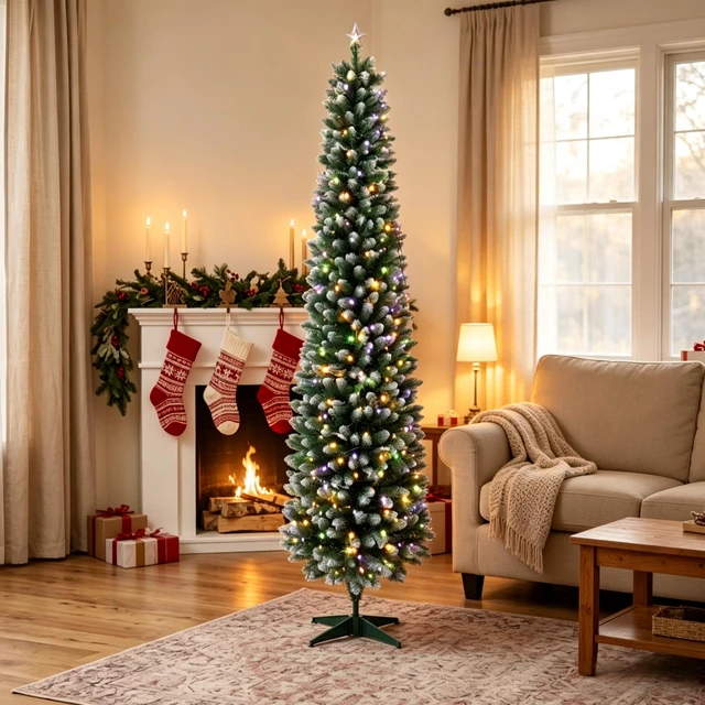 Alt view image 3 of 7 - 7 ft Flocked Pencil Prelit Christmas Tree, Dual Color Leds Remote Control with 11 Light Modes, Green White, PVC