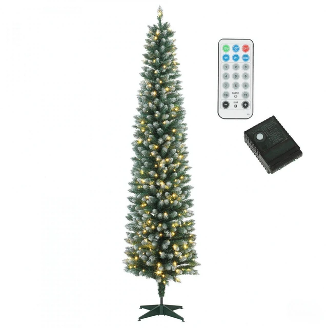Alt view image 4 of 7 - 7 ft Flocked Pencil Prelit Christmas Tree, Dual Color Leds Remote Control with 11 Light Modes, Green White, PVC