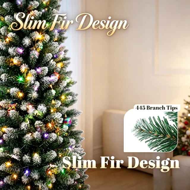 Alt view image 5 of 7 - 7 ft Flocked Pencil Prelit Christmas Tree, Dual Color Leds Remote Control with 11 Light Modes, Green White, PVC