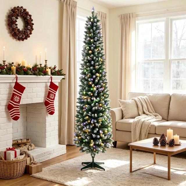 Main image of 6 ft Flocked Pencil Prelit Christmas Tree, Dual Color Leds Remote Control with 11 Light Modes, Green White, PVC