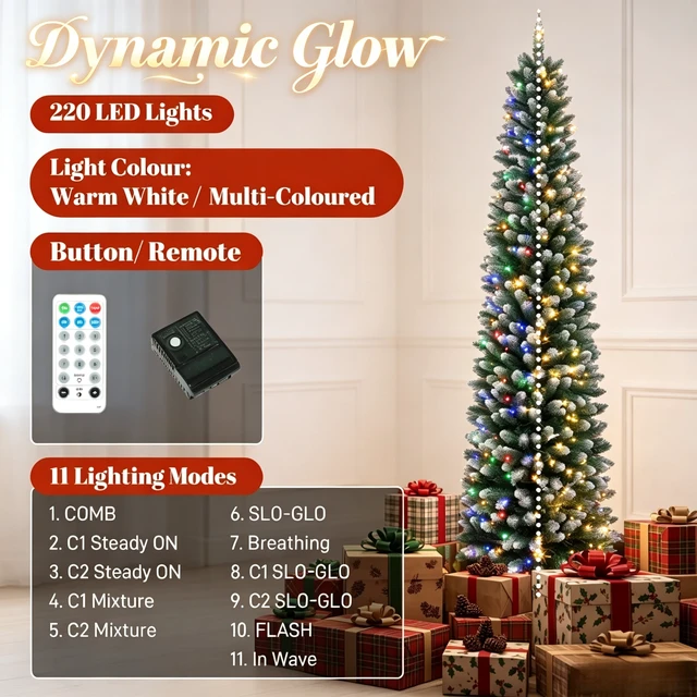 Alt view image 6 of 7 - 7 ft Flocked Pencil Prelit Christmas Tree, Dual Color Leds Remote Control with 11 Light Modes, Green White, PVC
