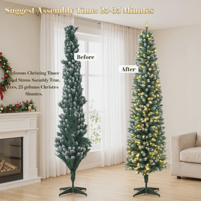 Alt view image 3 of 7 - 6 ft Flocked Pencil Prelit Christmas Tree, Dual Color Leds Remote Control with 11 Light Modes, Green White, PVC