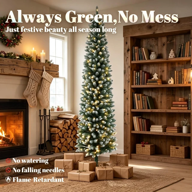 Alt view image 4 of 7 - 6 ft Flocked Pencil Prelit Christmas Tree, Dual Color Leds Remote Control with 11 Light Modes, Green White, PVC