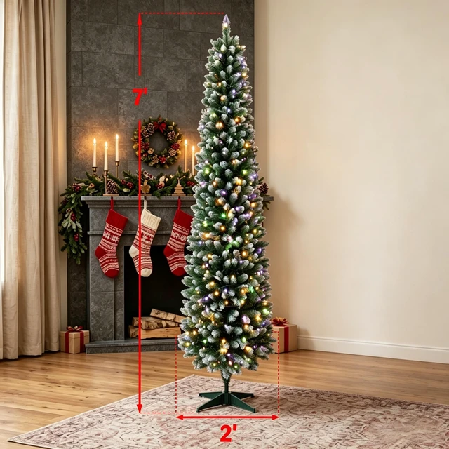 Alt view image 2 of 7 - 7 ft Flocked Pencil Prelit Christmas Tree, Dual Color Leds Remote Control with 11 Light Modes, Green White, PVC