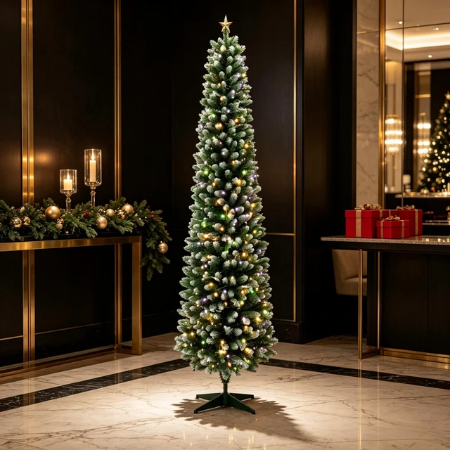 Alt view image 7 of 7 - 7 ft Flocked Pencil Prelit Christmas Tree, Dual Color Leds Remote Control with 11 Light Modes, Green White, PVC