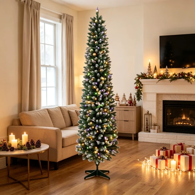 Alt view image 2 of 7 - 6 ft Flocked Pencil Prelit Christmas Tree, Dual Color Leds Remote Control with 11 Light Modes, Green White, PVC