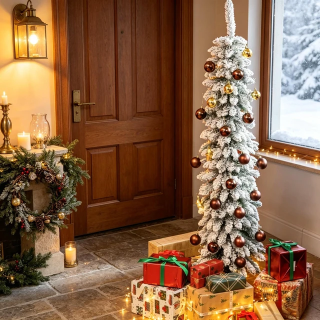 Main image of Unlit Snow Flocked Slim Pencil Christmas Tree, Artificial Xmas Tree with Realistic Tips, Green, Metal and Plastic