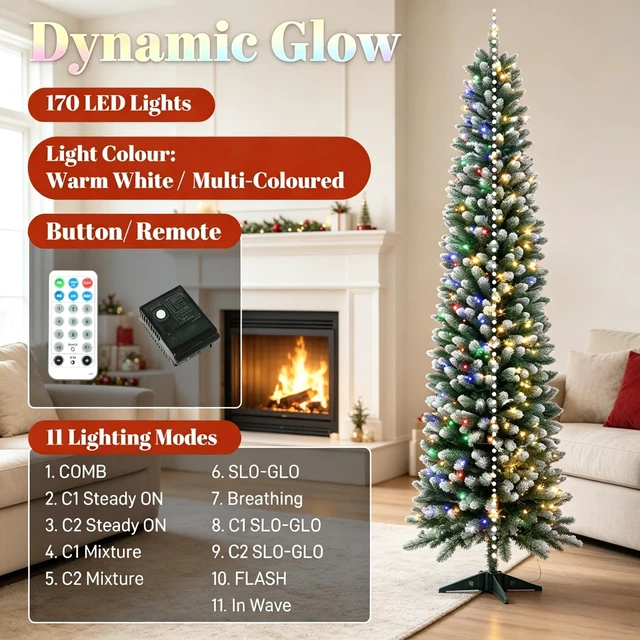 Alt view image 7 of 7 - 6 ft Flocked Pencil Prelit Christmas Tree, Dual Color Leds Remote Control with 11 Light Modes, Green White, PVC
