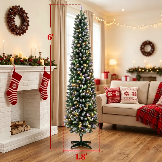 Alt view image 6 of 7 - 6 ft Flocked Pencil Prelit Christmas Tree, Dual Color Leds Remote Control with 11 Light Modes, Green White, PVC