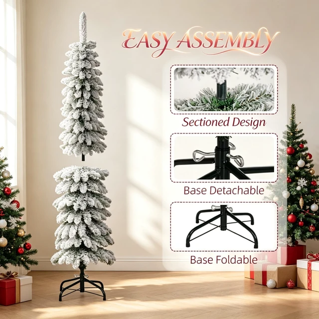 Alt view image 4 of 7 - Unlit Snow Flocked Slim Pencil Christmas Tree, Artificial Xmas Tree with Realistic Tips, Green, Metal and Plastic
