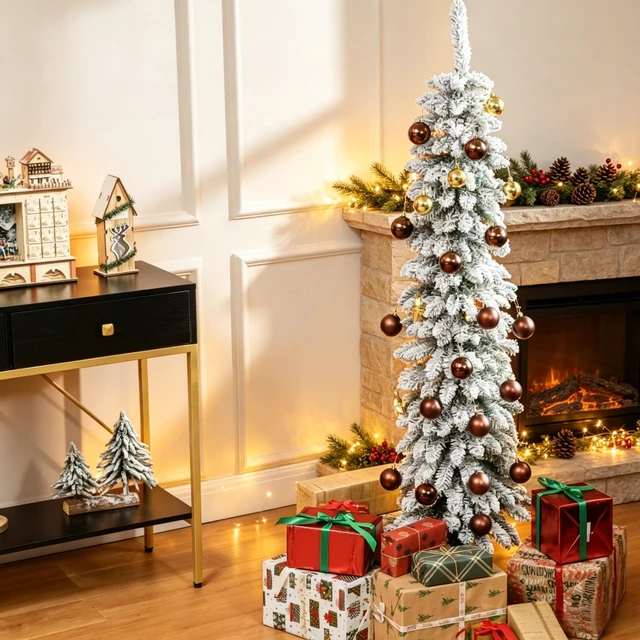 Alt view image 3 of 7 - Unlit Snow Flocked Slim Pencil Christmas Tree, Artificial Xmas Tree with Realistic Tips, Green, Metal and Plastic