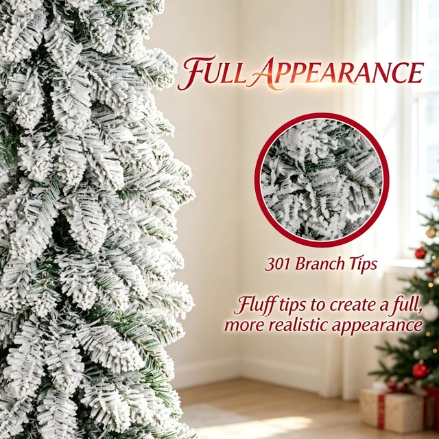 Alt view image 7 of 7 - Unlit Snow Flocked Slim Pencil Christmas Tree, Artificial Xmas Tree with Realistic Tips, Green, Metal and Plastic