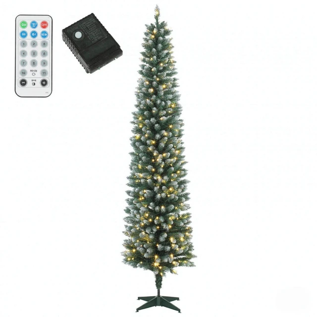 Alt view image 5 of 7 - 6 ft Flocked Pencil Prelit Christmas Tree, Dual Color Leds Remote Control with 11 Light Modes, Green White, PVC