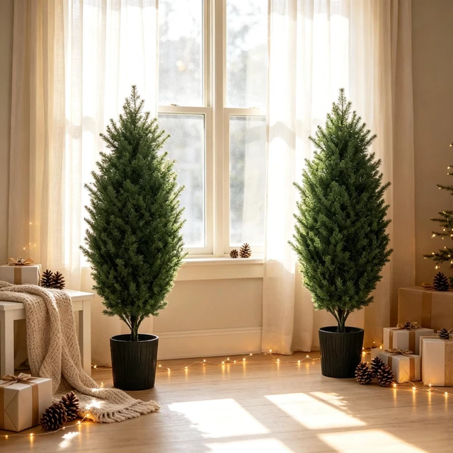 Alt view image 2 of 7 - Pack 4 ft Artificial Cedar Christmas Treeuv Resistant, Branch Tips Potted Faux Evergreen Tree for Holiday Patio