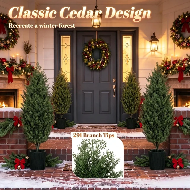 Alt view image 4 of 7 - Pack 4 ft Artificial Cedar Christmas Treeuv Resistant, Branch Tips Potted Faux Evergreen Tree for Holiday Patio
