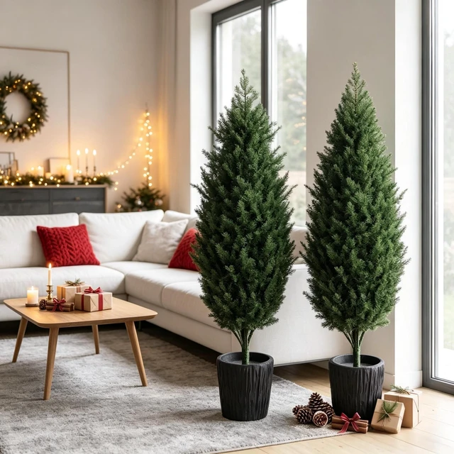 Alt view image 6 of 7 - Pack 4 ft Artificial Cedar Christmas Treeuv Resistant, Branch Tips Potted Faux Evergreen Tree for Holiday Patio