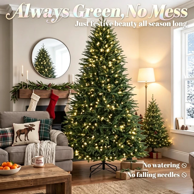 Alt view image 3 of 7 - Festive Easy Setup Artificial Christmas Tree, Pre Lit Hinged Artificial Christmas Tree 7 ft Flocked Prelit Green, Metal