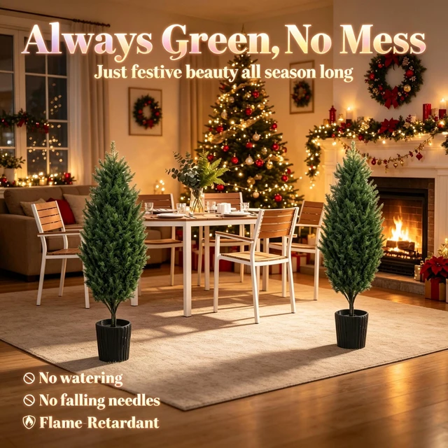 Alt view image 7 of 7 - Pack 4 ft Artificial Cedar Christmas Treeuv Resistant, Branch Tips Potted Faux Evergreen Tree for Holiday Patio