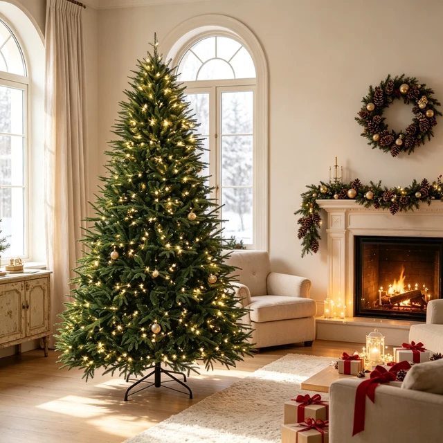 Alt view image 2 of 7 - Festive Easy Setup Artificial Christmas Tree, Pre Lit Hinged Artificial Christmas Tree 7 ft Flocked Prelit Green, Metal