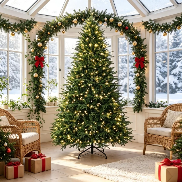 Alt view image 5 of 7 - Festive Easy Setup Artificial Christmas Tree, Pre Lit Hinged Artificial Christmas Tree 7 ft Flocked Prelit Green, Metal