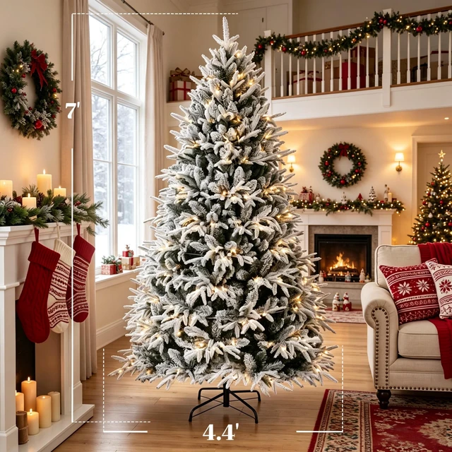 Alt view image 4 of 7 - Snowy Frosted Artificial Christmas Tree, Flocked Pre Lit Christmas Tree Festive Frosted Flocked Prelit Green White
