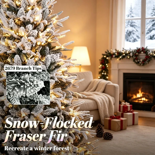 Alt view image 5 of 7 - Snowy Frosted Artificial Christmas Tree, Flocked Pre Lit Christmas Tree Festive Frosted Flocked Prelit Green White