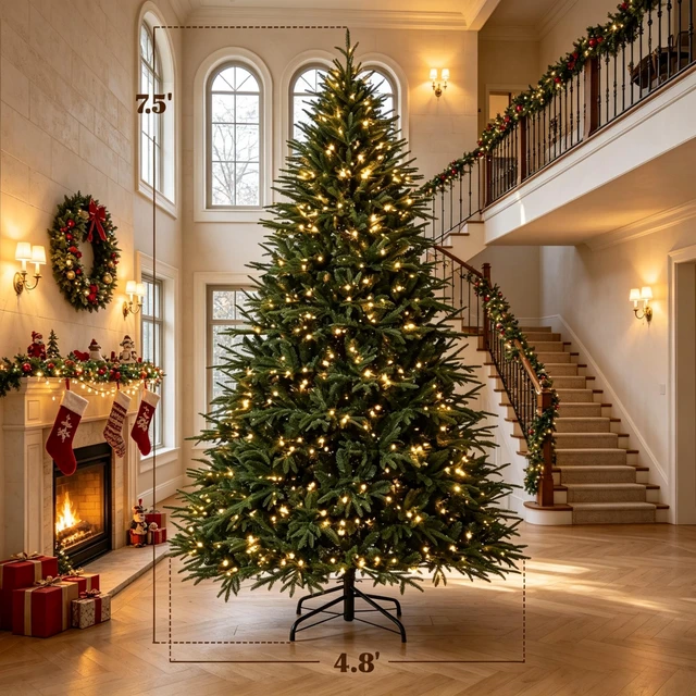 Alt view image 7 of 7 - Festive Easy Setup Artificial Christmas Tree, Pre Lit Hinged Artificial Christmas Tree 7 ft Flocked Prelit Green, Metal