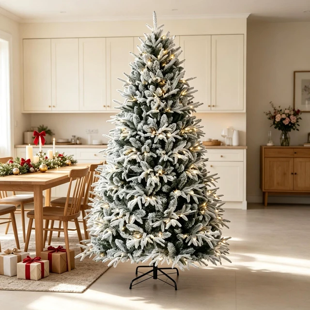 Main image of Snowy Frosted Artificial Christmas Tree, Flocked Pre Lit Christmas Tree Festive Frosted Flocked Prelit Green White