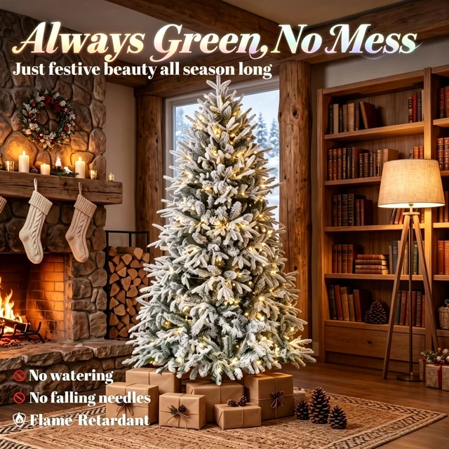 Alt view image 7 of 7 - Snowy Frosted Artificial Christmas Tree, Flocked Pre Lit Christmas Tree Festive Frosted Flocked Prelit Green White