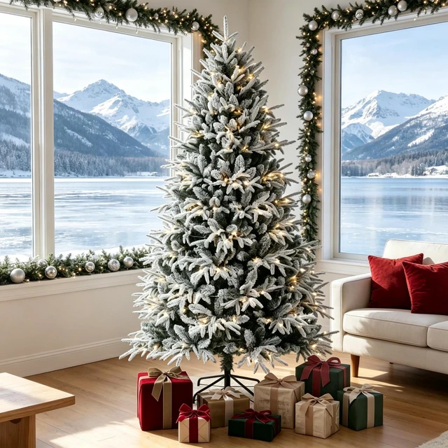 Alt view image 3 of 7 - Pre Lit Flocked Christmas Tree, Realistic Snow Dusted Holiday Tree Easy Setup Snowy Effect Christmas White Green, Metal
