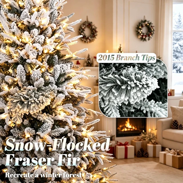 Alt view image 4 of 7 - Pre Lit Flocked Christmas Tree, Realistic Snow Dusted Holiday Tree Easy Setup Snowy Effect Christmas White Green, Metal