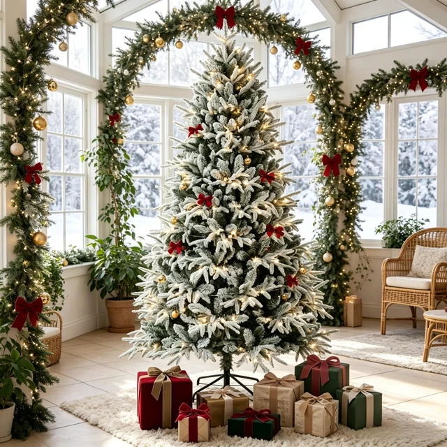 Main image of Pre Lit Flocked Christmas Tree, Realistic Snow Dusted Holiday Tree Easy Setup Snowy Effect Christmas White Green, Metal