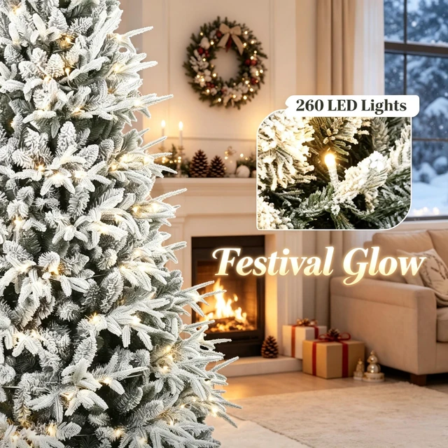Alt view image 6 of 7 - Pre Lit Flocked Christmas Tree, Realistic Snow Dusted Holiday Tree Easy Setup Snowy Effect Christmas White Green, Metal