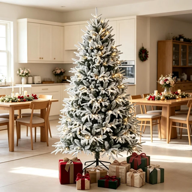 Alt view image 7 of 7 - Pre Lit Flocked Christmas Tree, Realistic Snow Dusted Holiday Tree Easy Setup Snowy Effect Christmas White Green, Metal