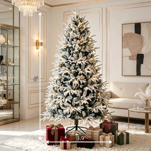 Alt view image 2 of 7 - Pre Lit Flocked Christmas Tree, Realistic Snow Dusted Holiday Tree Easy Setup Snowy Effect Christmas White Green, Metal