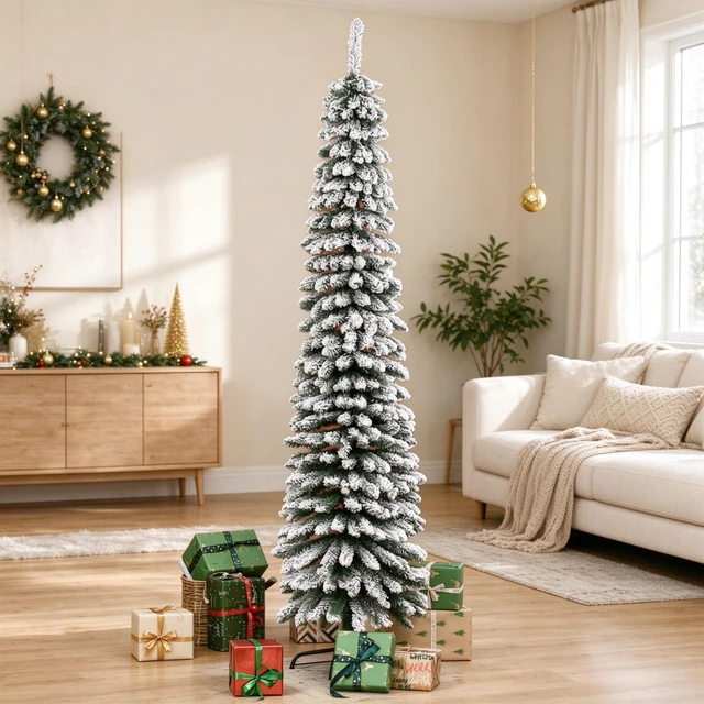 Alt view image 2 of 7 - Space Saving Slim Holiday Tree, Pencil Christmas Tree Charming Holiday Christmas Snow Flocked Artificial Green, Metal