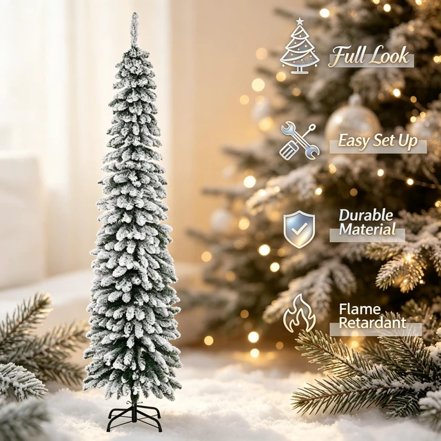 Alt view image 4 of 7 - Space Saving Slim Holiday Tree, Pencil Christmas Tree Charming Holiday Christmas Snow Flocked Artificial Green, Metal