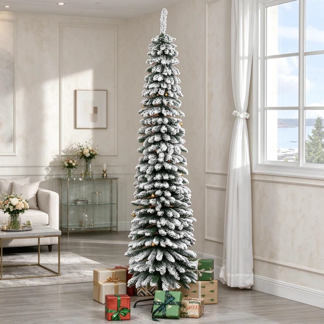 Alt view image 3 of 7 - Space Saving Slim Holiday Tree, Pencil Christmas Tree Charming Holiday Christmas Snow Flocked Artificial Green, Metal