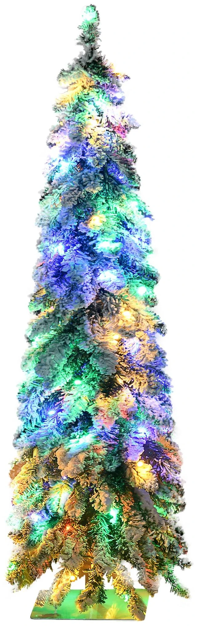 Main image of 4 ft Tall Prelit Pencil Artificial Christmas Tree Holiday Décor with Snow Flocked Branches, Colorful LED Lights