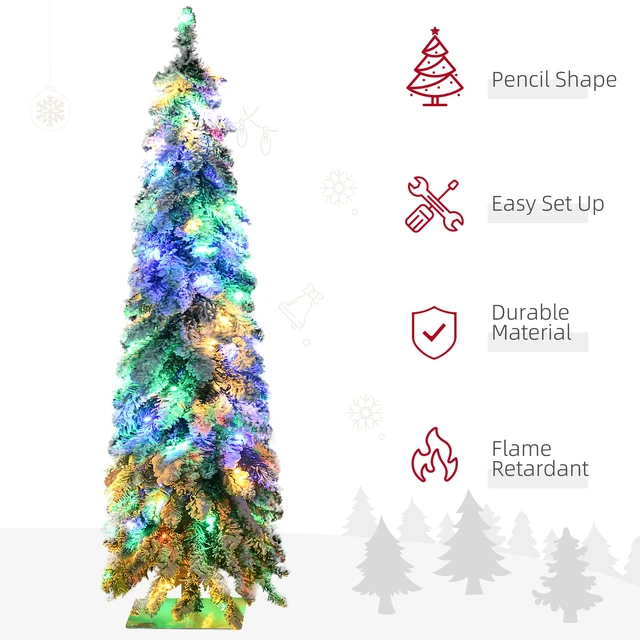 Alt view image 3 of 7 - 4 ft Tall Prelit Pencil Artificial Christmas Tree Holiday Décor with Snow Flocked Branches, Colorful LED Lights