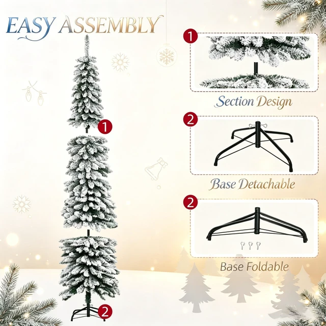 Alt view image 6 of 7 - Space Saving Slim Holiday Tree, Pencil Christmas Tree Charming Holiday Christmas Snow Flocked Artificial Green, Metal