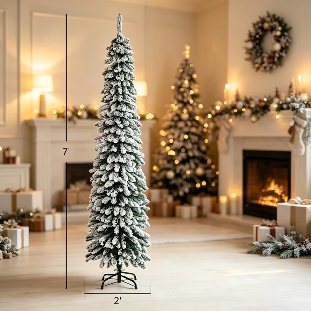 Alt view image 7 of 7 - Space Saving Slim Holiday Tree, Pencil Christmas Tree Charming Holiday Christmas Snow Flocked Artificial Green, Metal