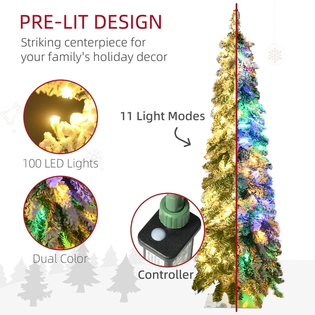 Alt view image 5 of 7 - 4 ft Tall Prelit Pencil Artificial Christmas Tree Holiday Décor with Snow Flocked Branches, Colorful LED Lights