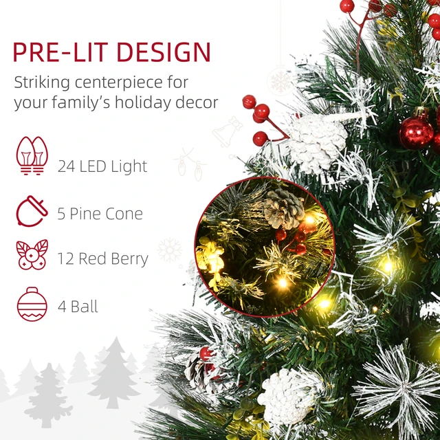 Alt view image 4 of 7 - 2.5 ft Pack Outdoor Entryway Pre Lit Artificial Christmas Tree Cordless with Branches, LED Lights Berries Cones Balls