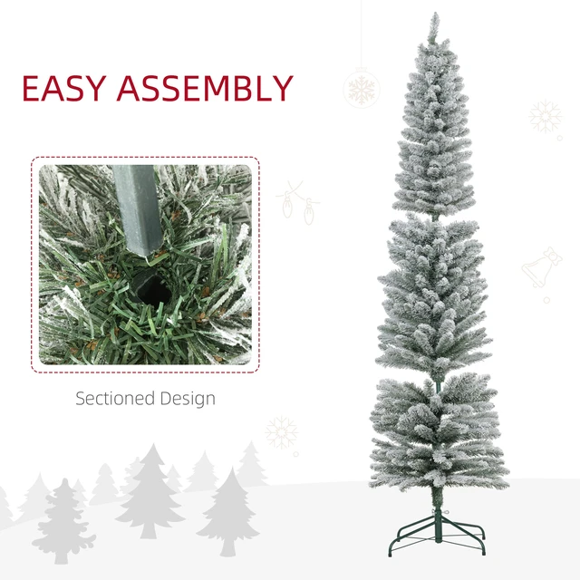 Alt view image 4 of 7 - 7 ft Artificial Pencil Christmas Tree with Snow Flocked Tips, Metal Base Realistic Xmas Tree, Green, Plastic