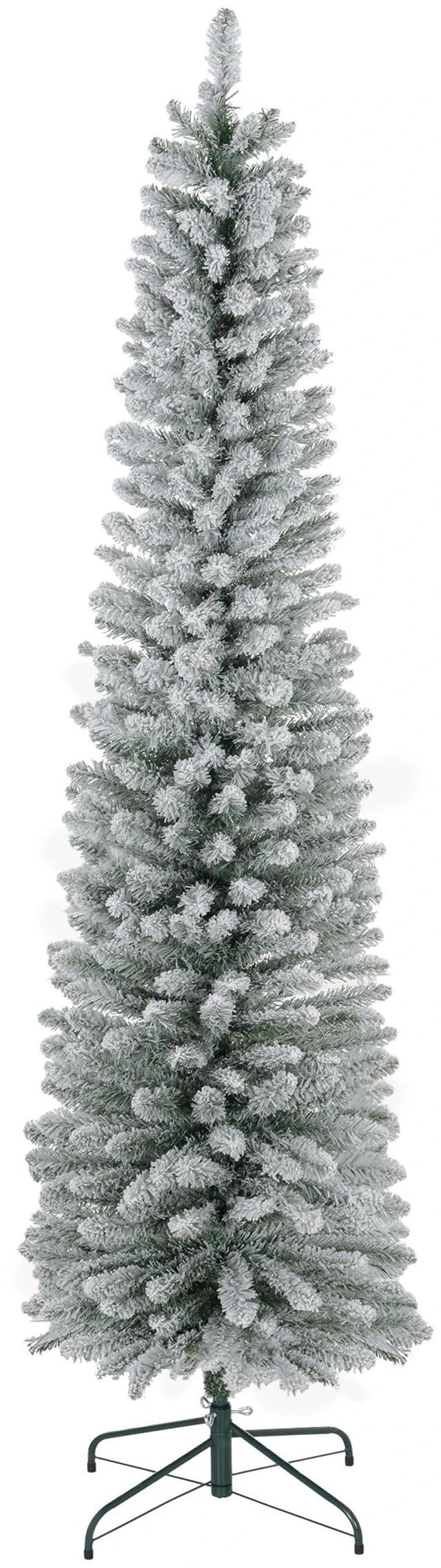 Main image of 7 ft Artificial Pencil Christmas Tree with Snow Flocked Tips, Metal Base Realistic Xmas Tree, Green, Plastic