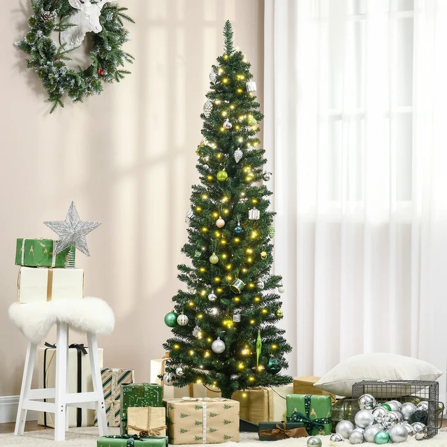 Alt view image 7 of 7 - Tall Pre Lit Slim Noble Fir Artificial Christmas Tree with LED Lights and Tips, Christmas Decoration, Green, PVC