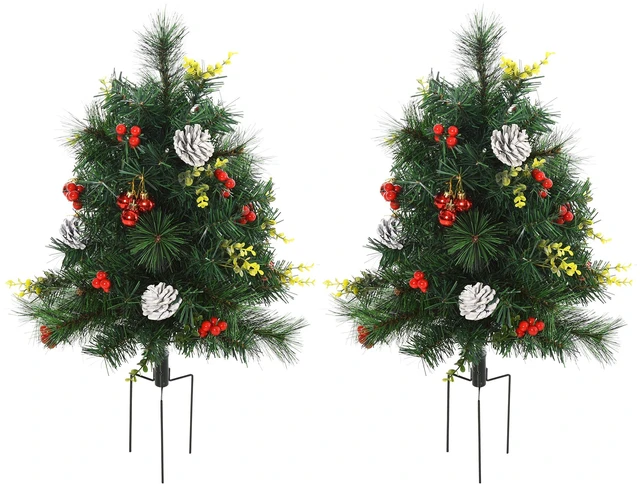 Main image of 22.5 in Christmas Tree Pack Outdoor Pre Lit Artificial Cordless with White Lights and Stakes, Green, Plastic